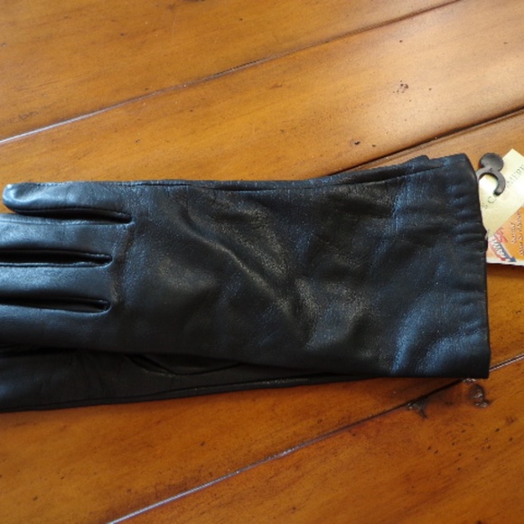 FIRM NWT Auclaire Glace Leather Cashmere Gloves Lining W's M Black - Picture 4 of 7